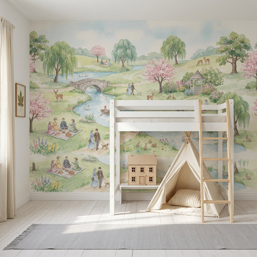 Pastel Park Manzaralı Poster Duvar Kağıdı Yeşil Pembe Desenli