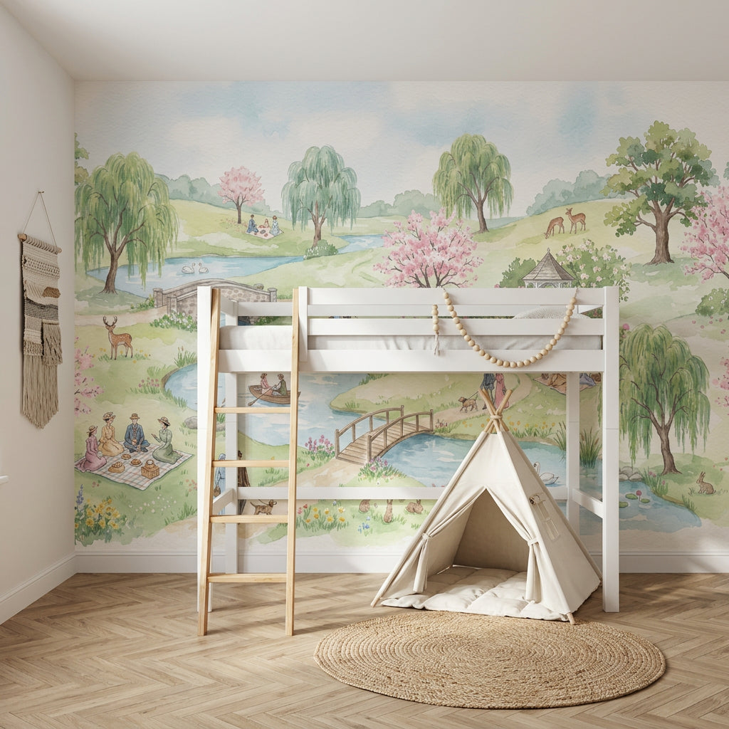 Pastel Park Manzaralı Poster Duvar Kağıdı Yeşil Pembe Desenli