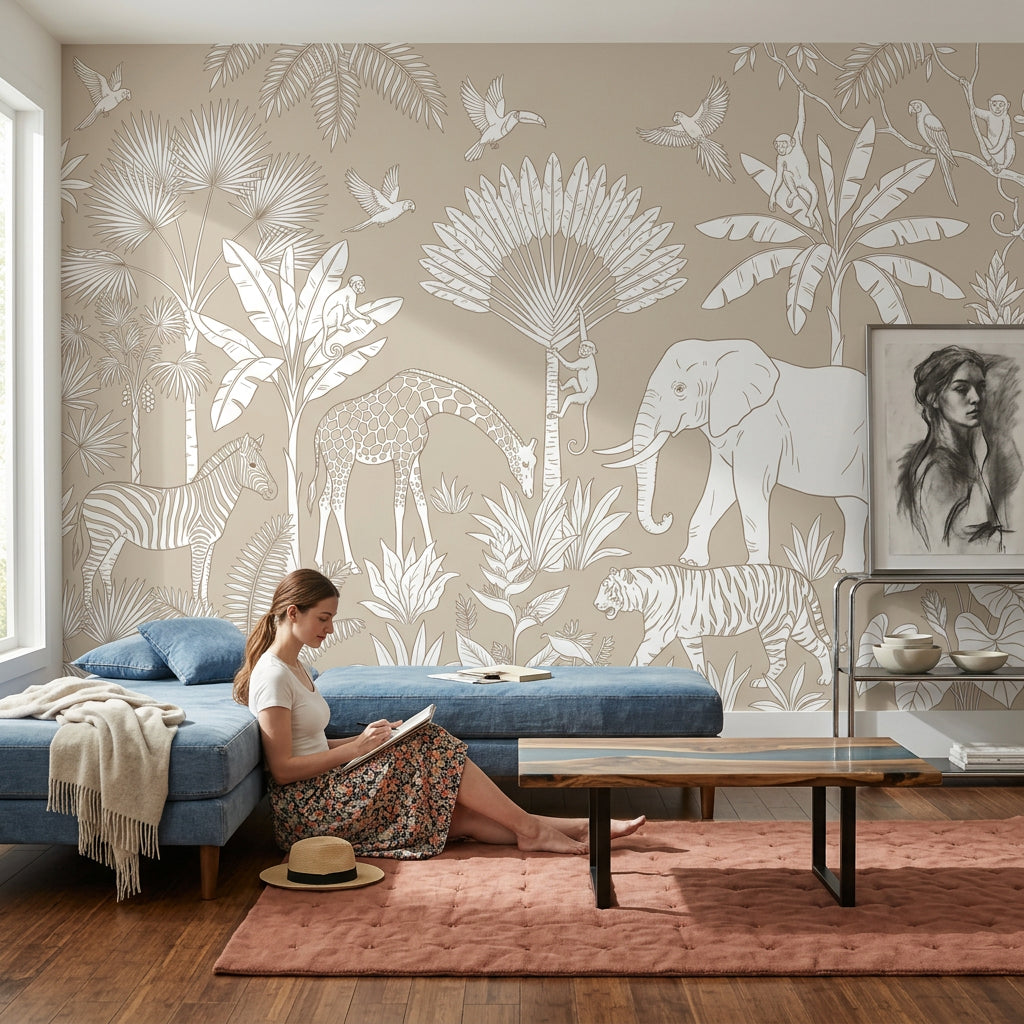 Safari Hayvanlı Poster Duvar Kağıdı Bej Orman Desenli Salon