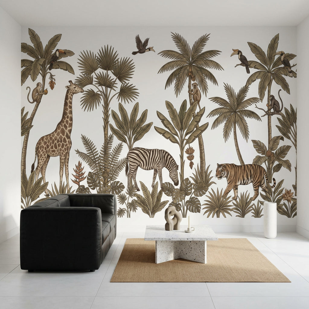 Safari Hayvanlı Poster Duvar Kağıdı Bej Jungle Desenli