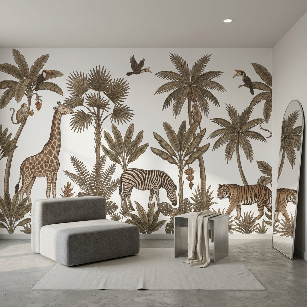 Safari Hayvanlı Poster Duvar Kağıdı Bej Jungle Desenli