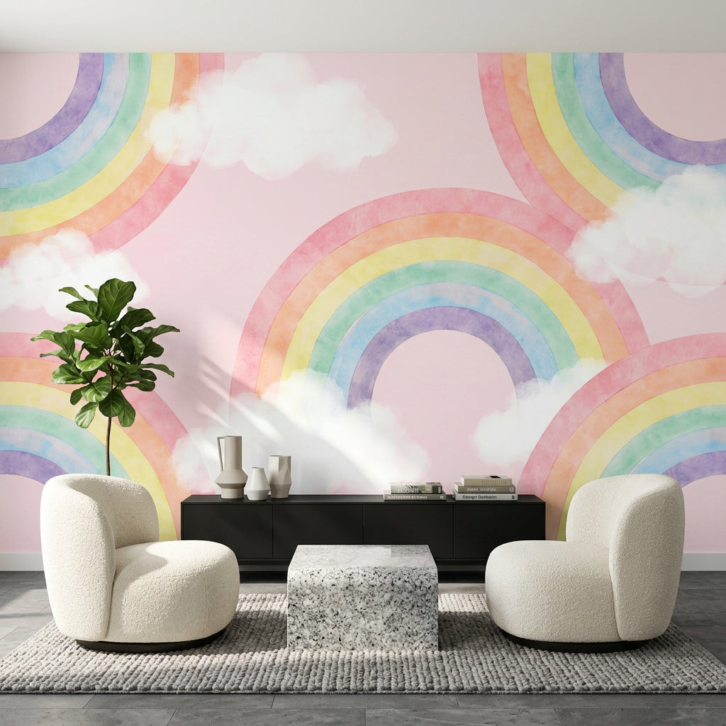 Pastel Gökkuşağı Poster Duvar Kağıdı Bulutlu Çocuk Odası