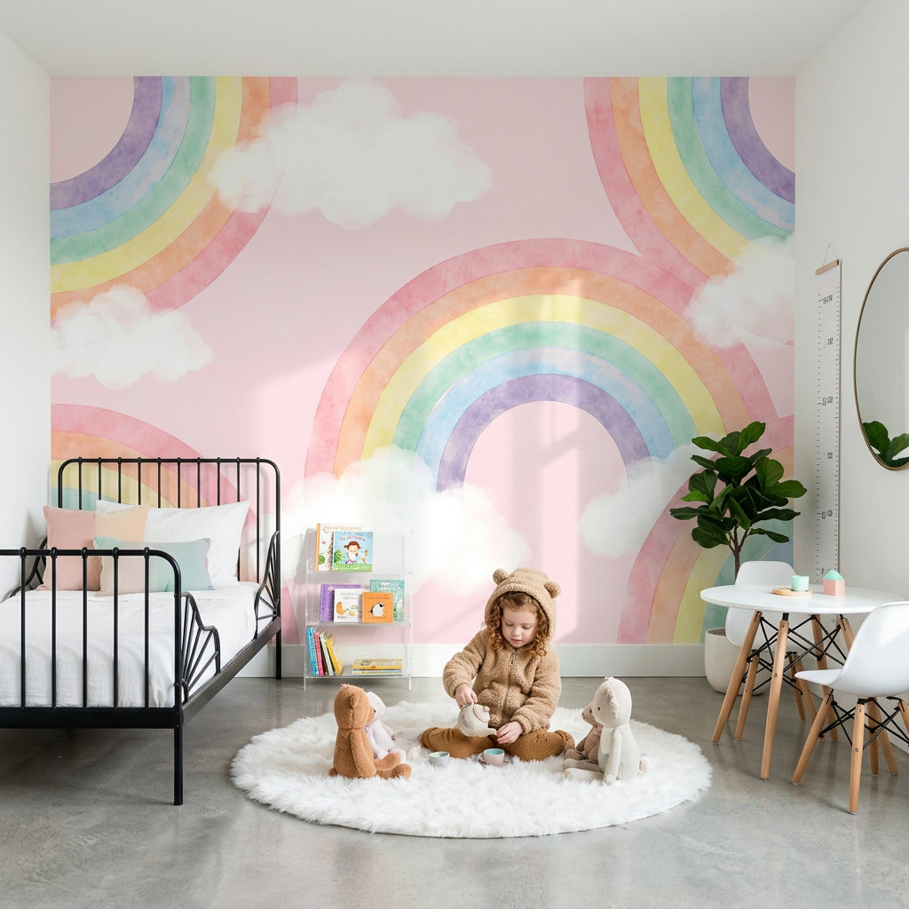 Pastel Gökkuşağı Poster Duvar Kağıdı Bulutlu Çocuk Odası