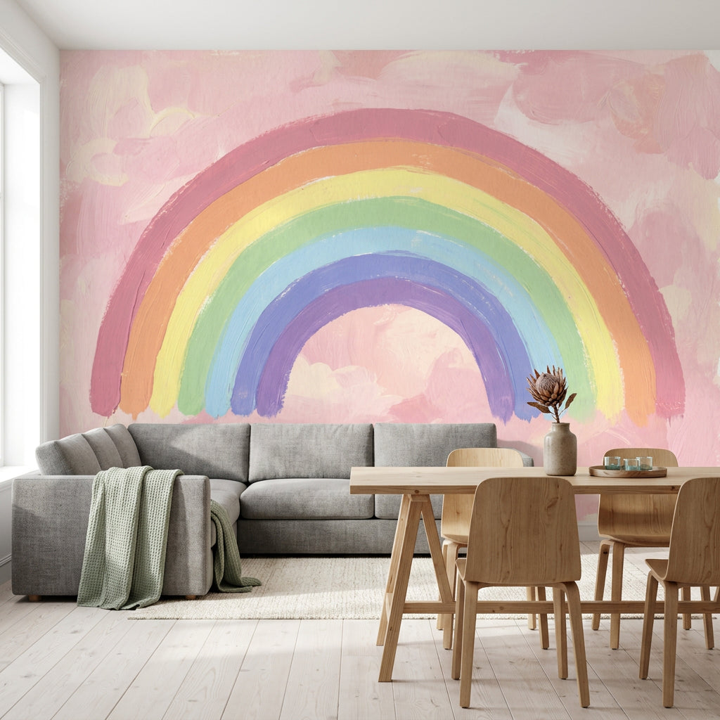 Pastel Gökkuşağı Poster Duvar Kağıdı Bebek Odası Bulut Fon