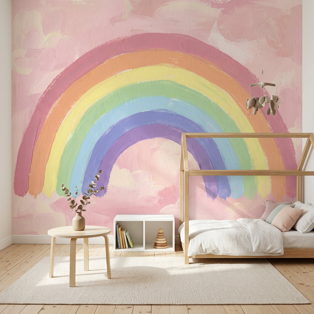 Pastel Gökkuşağı Poster Duvar Kağıdı Bebek Odası Bulut Fon
