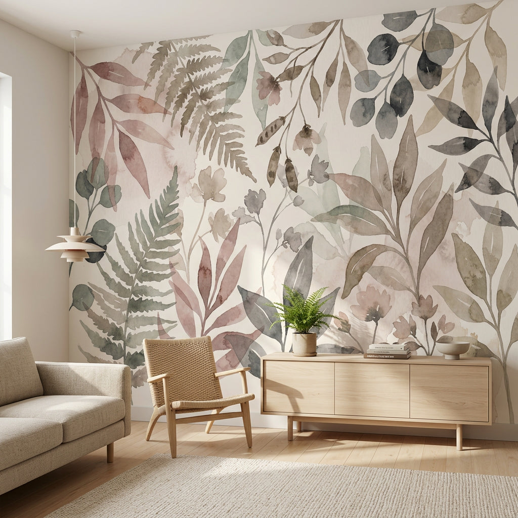 Suluboya Botanik Yapraklı Poster Duvar Kağıdı Bej Yeşil Salon