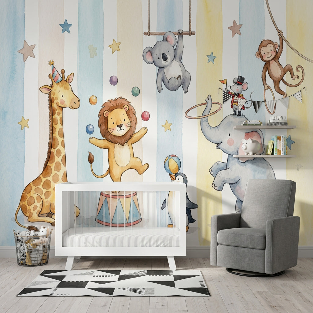 Sirk Hayvanlı Poster Duvar Kağıdı Pastel Çizgili Bebek Odası