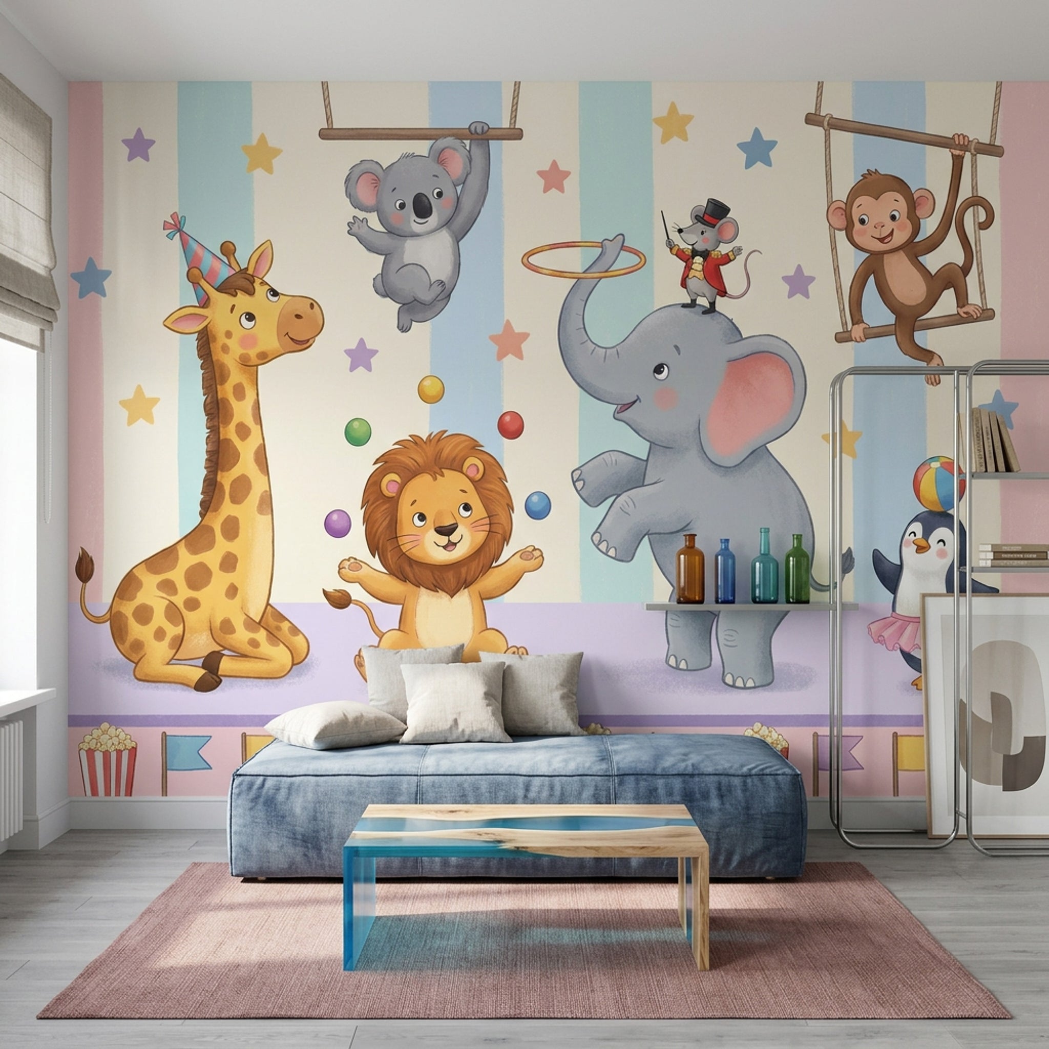 Sirk Hayvanları Poster Duvar Kağıdı Pastel Çocuk Odası Çizgili
