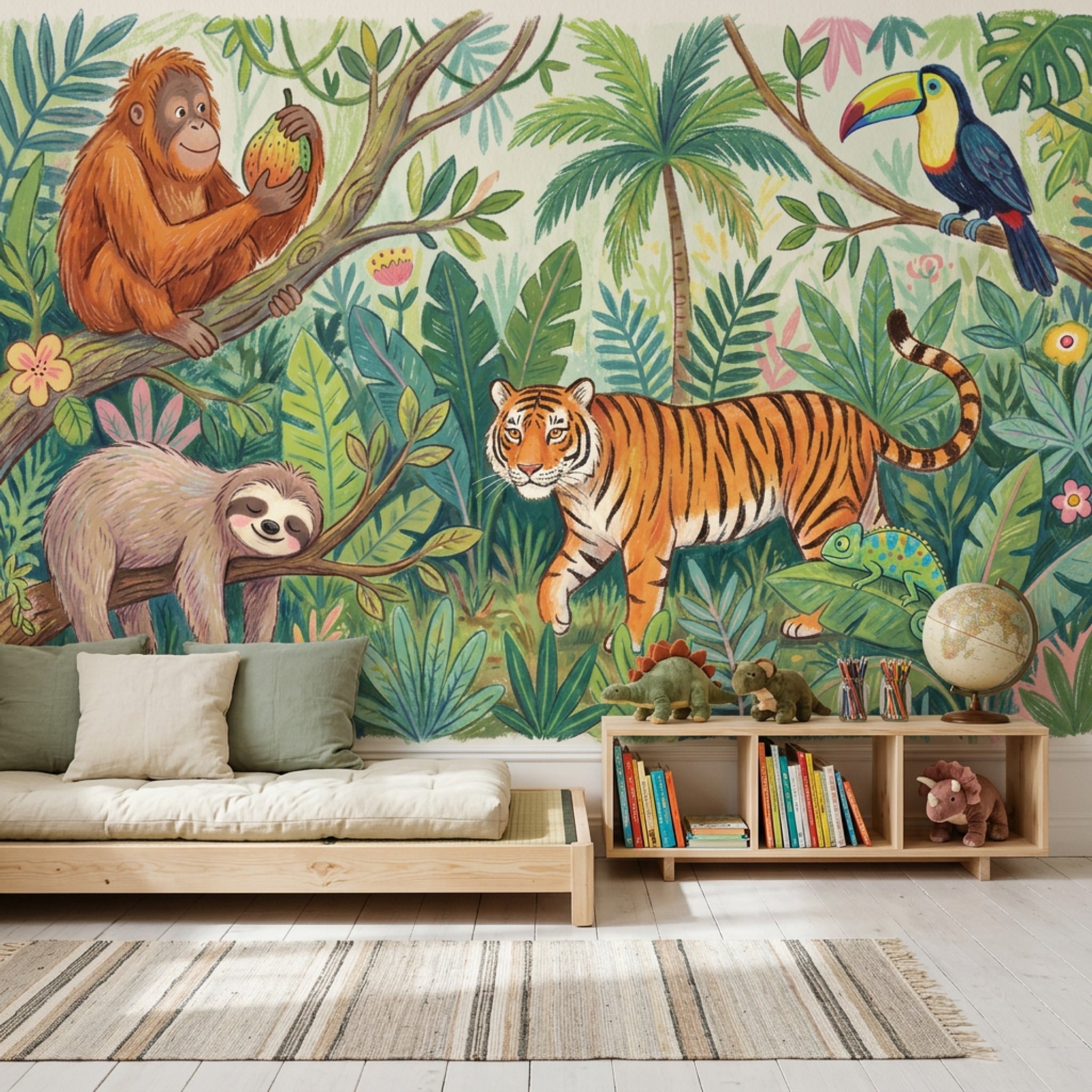 Jungle Hayvanlı Poster Duvar Kağıdı Yeşil Çocuk Odası