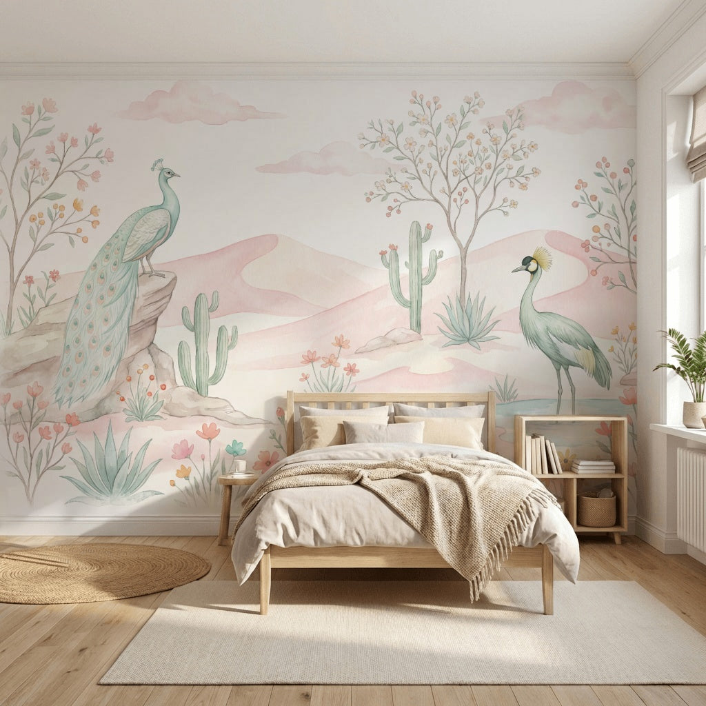 Tavus Kuşlu Poster Duvar Kağıdı Pastel Çöl Manzarası