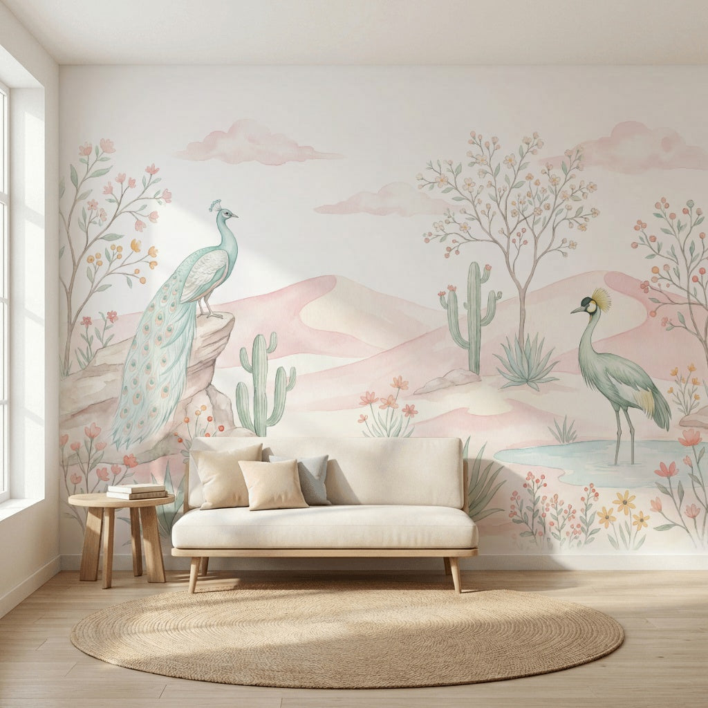 Tavus Kuşlu Poster Duvar Kağıdı Pastel Çöl Manzarası