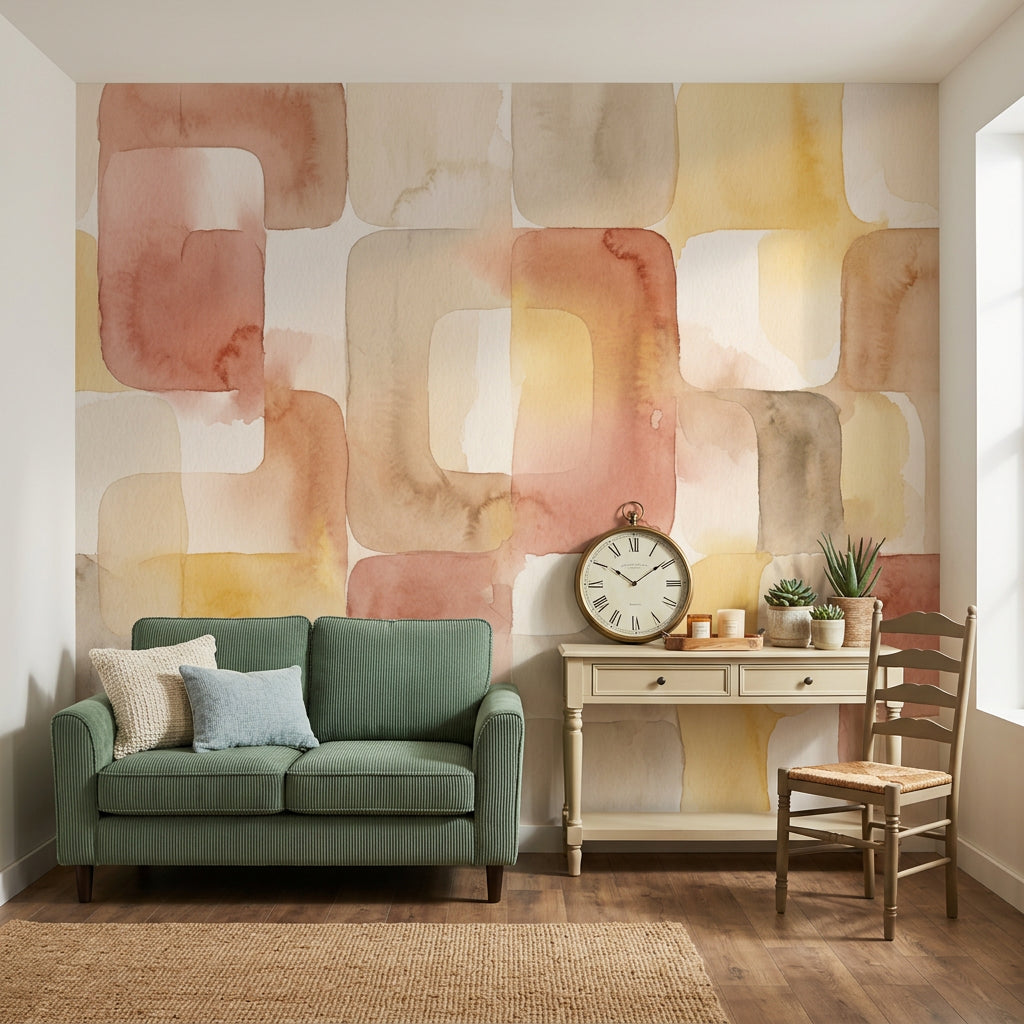 Pastel Geometrik Poster Duvar Kağıdı Bej Terracotta Salon Duvarı