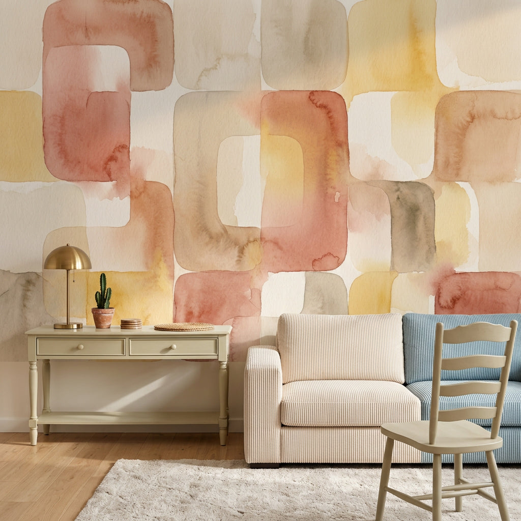 Pastel Geometrik Poster Duvar Kağıdı Bej Terracotta Salon Duvarı