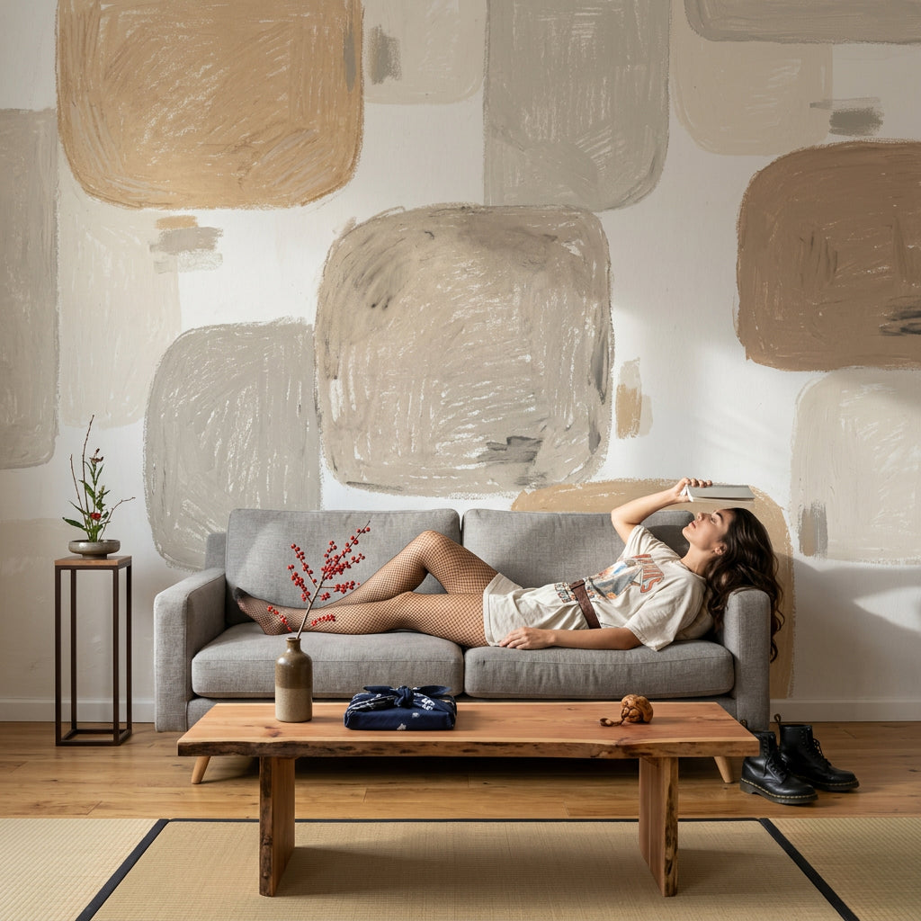 Soyut Geometrik Poster Duvar Kağıdı Bej Gri Minimal Salon