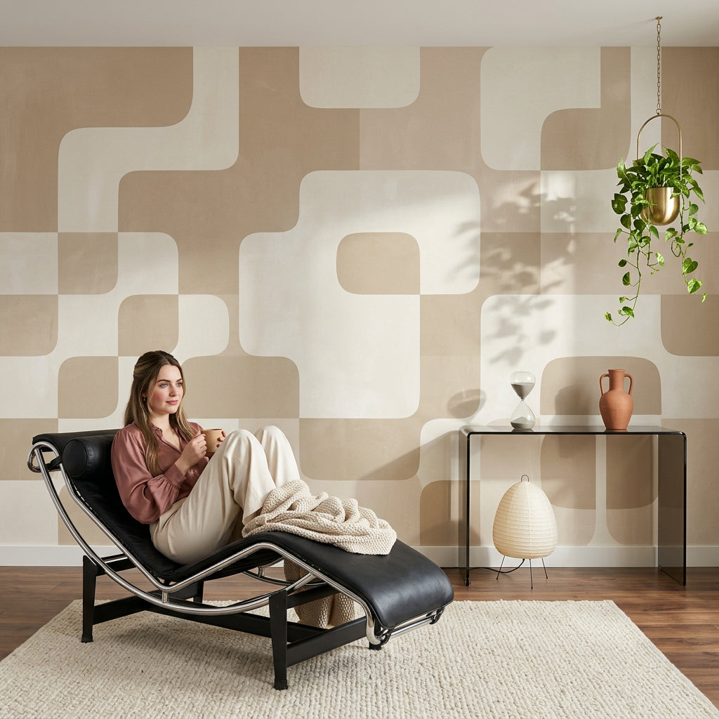 Retro Geometrik Poster Duvar Kağıdı Bej Krem Modern Salon