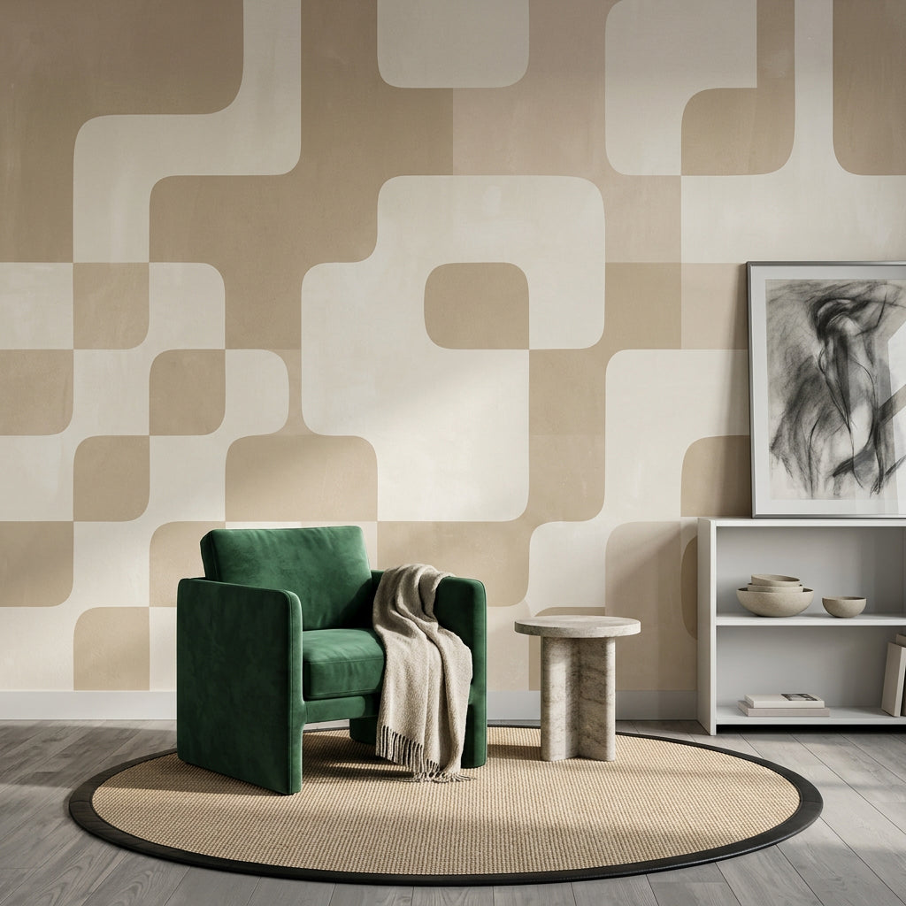 Retro Geometrik Poster Duvar Kağıdı Bej Krem Modern Salon
