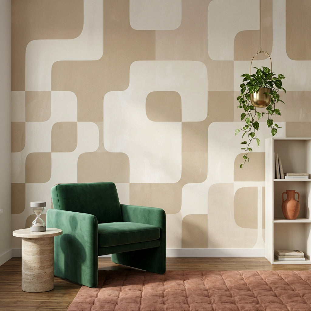 Retro Geometrik Poster Duvar Kağıdı Bej Krem Modern Salon