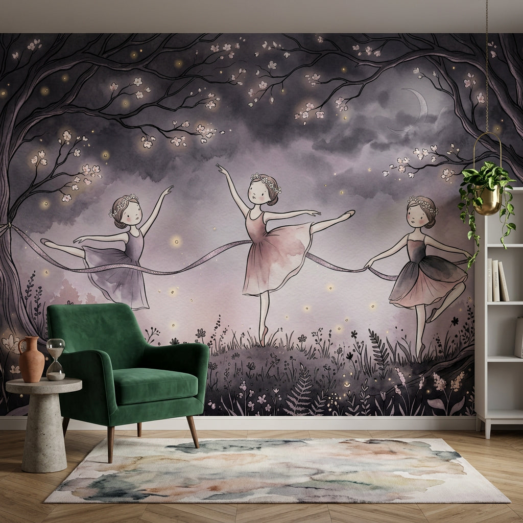 Balerinli Poster Duvar Kağıdı Mor Gece Temalı Çocuk Odası