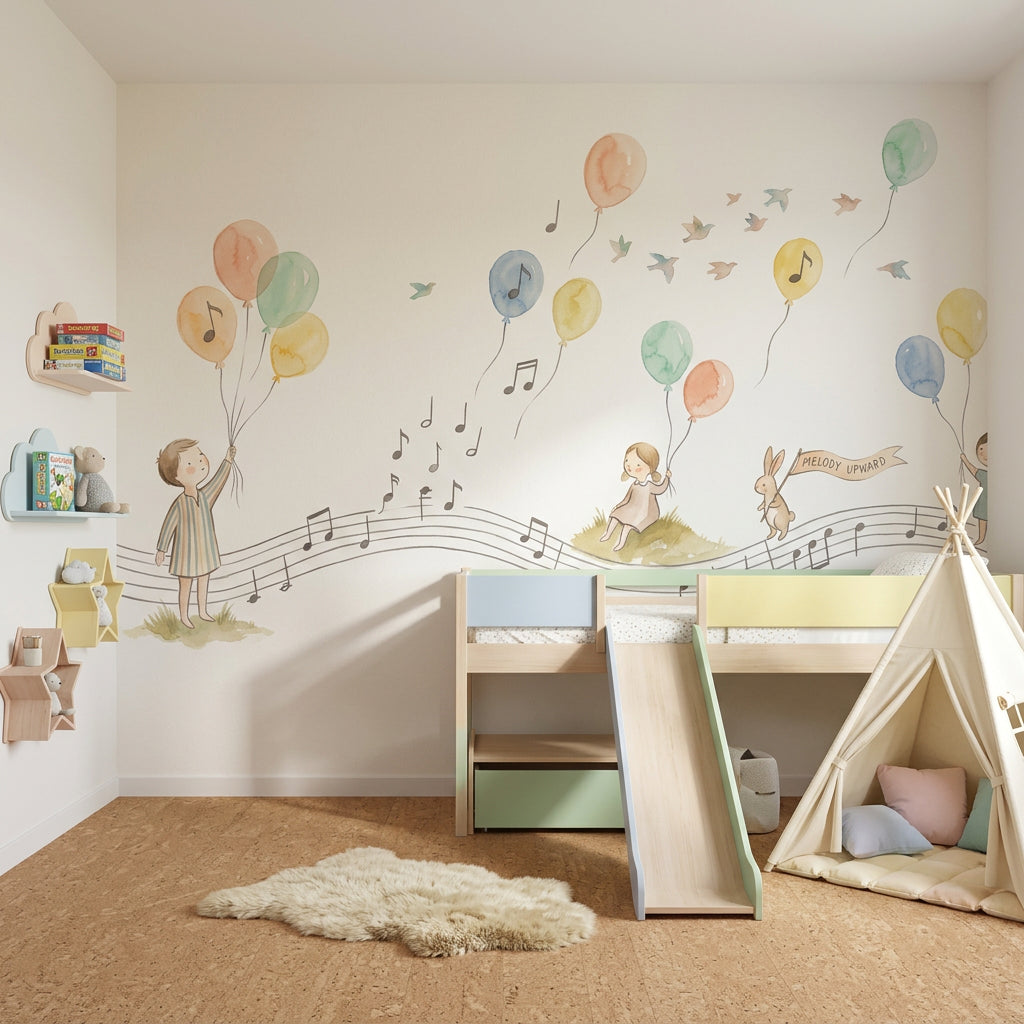Balonlu Müzik Notalı Poster Duvar Kağıdı Pastel Çocuk Odası