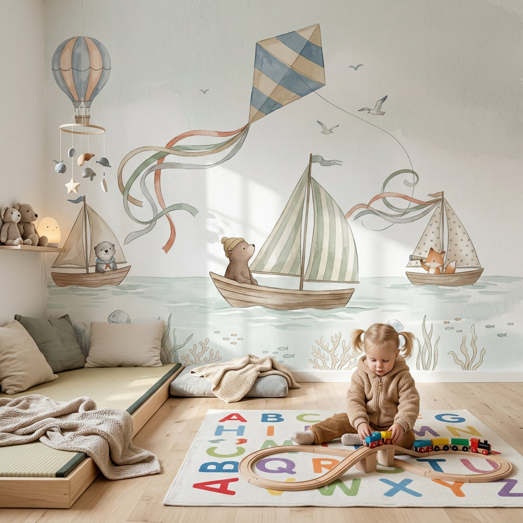 Yelkenli ve Uçurtmalı Poster Duvar Kağıdı Pastel Bebek Odası