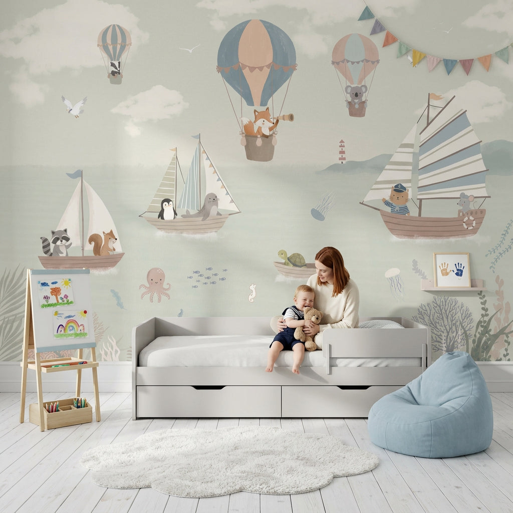 Sevimli Deniz ve Balon Temalı Poster Duvar Kağıdı Çocuk Odası