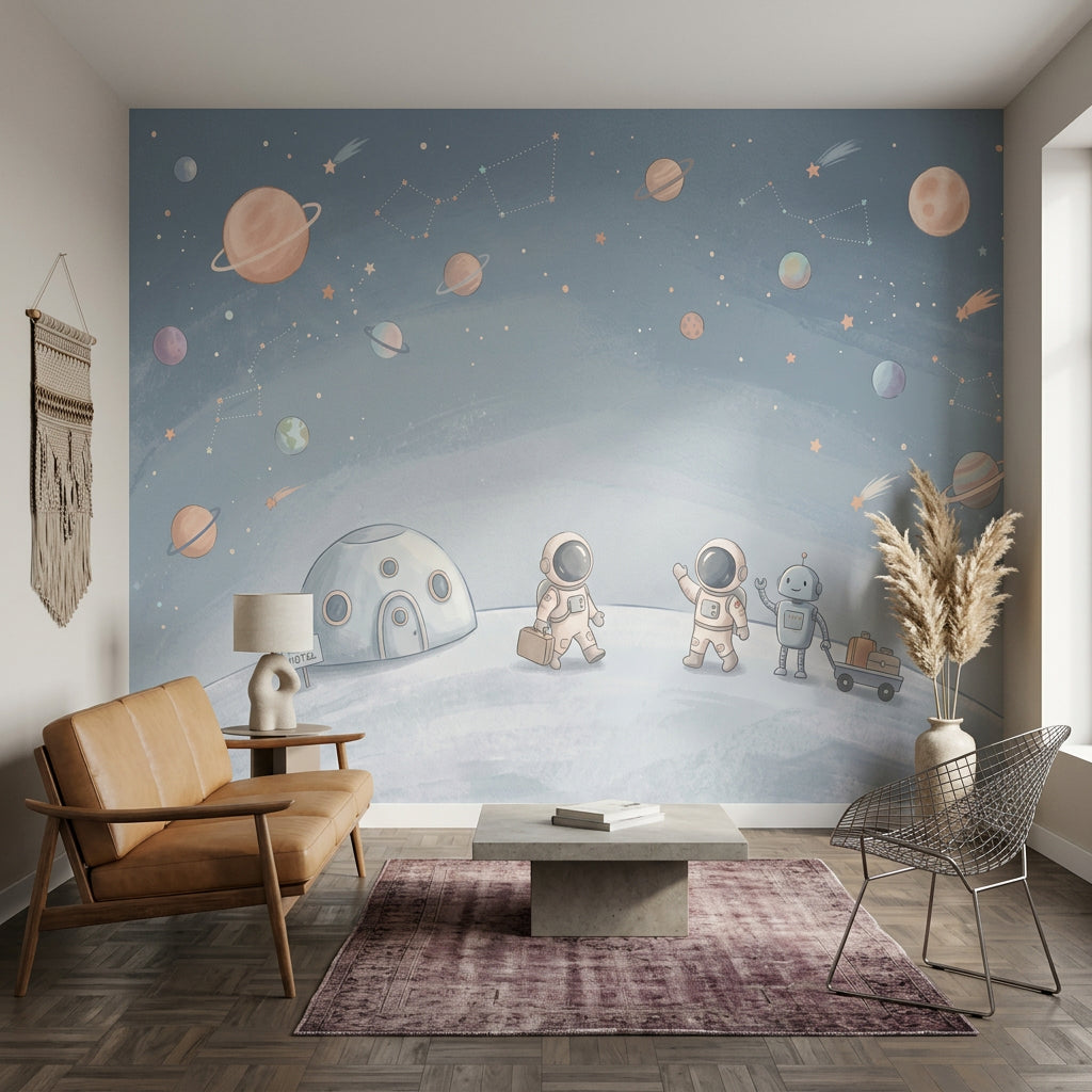 Uzay Astronotlu Poster Duvar Kağıdı Mavi Çocuk Odası Desenli