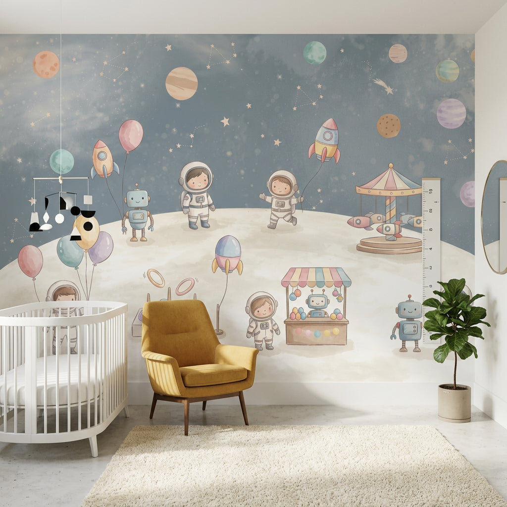 Uzay Temalı Poster Duvar Kağıdı Astronot ve Gezegenli Çocuk Odası