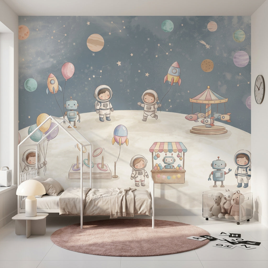 Uzay Temalı Poster Duvar Kağıdı Astronot ve Gezegenli Çocuk Odası
