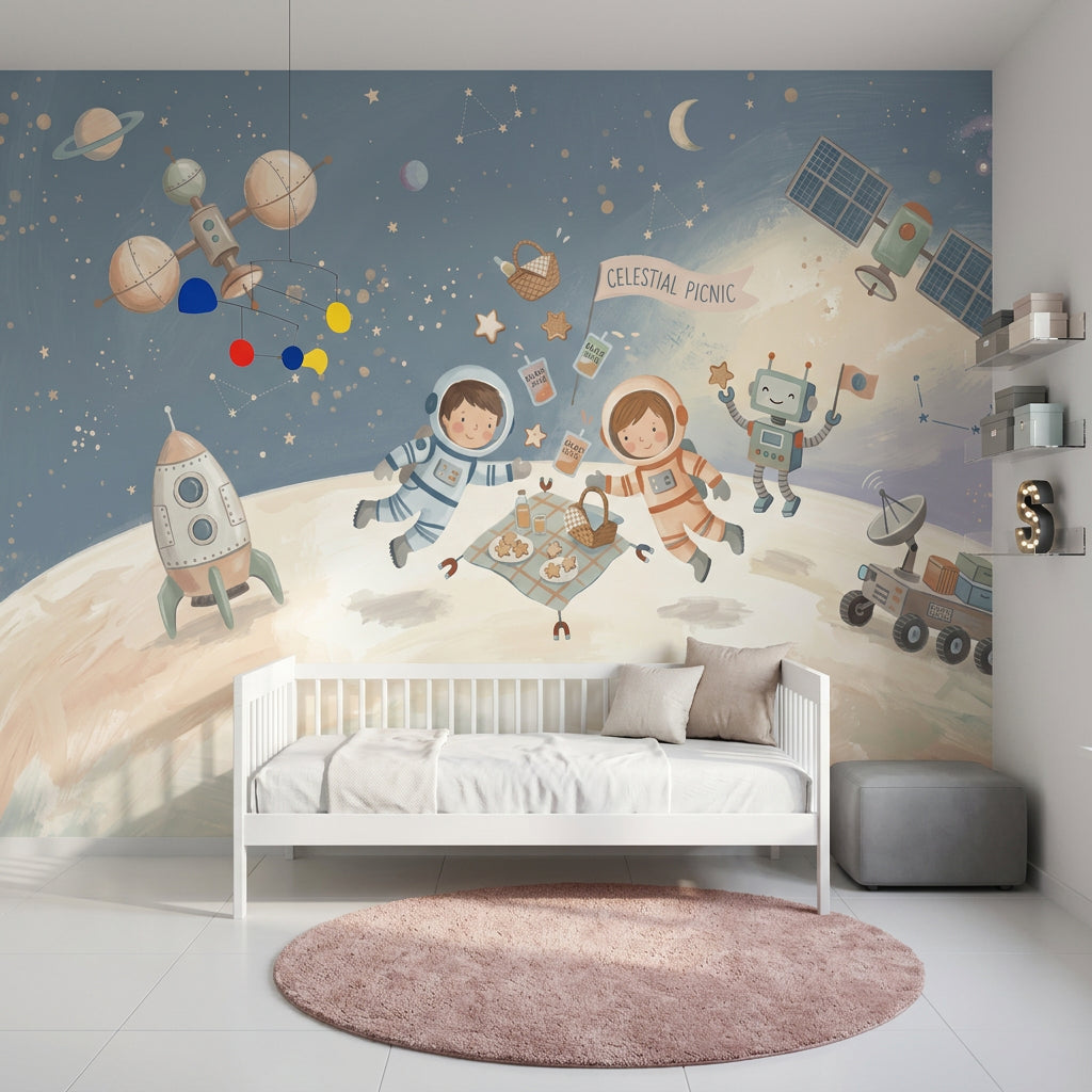 Astronotlu Uzay Temalı Poster Duvar Kağıdı Çocuk Odası Lacivert