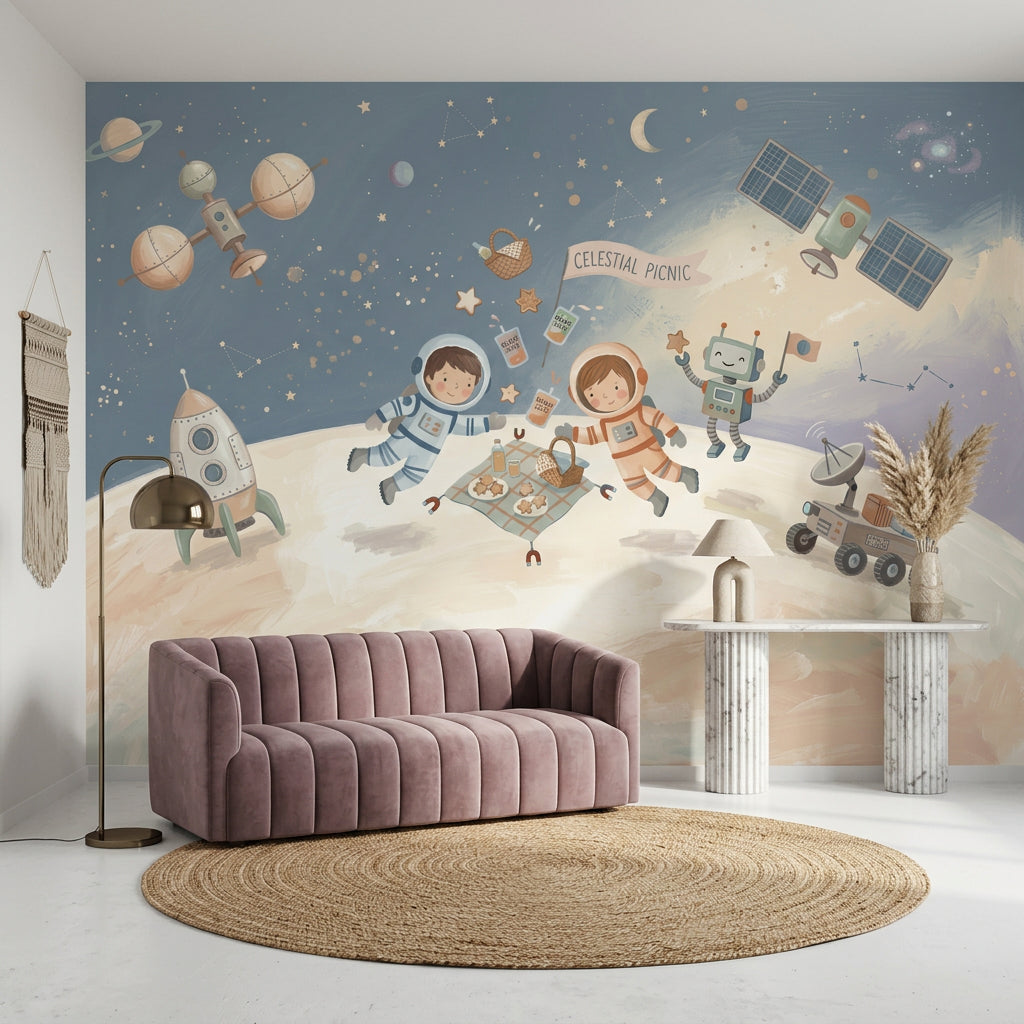 Astronotlu Uzay Temalı Poster Duvar Kağıdı Çocuk Odası Lacivert