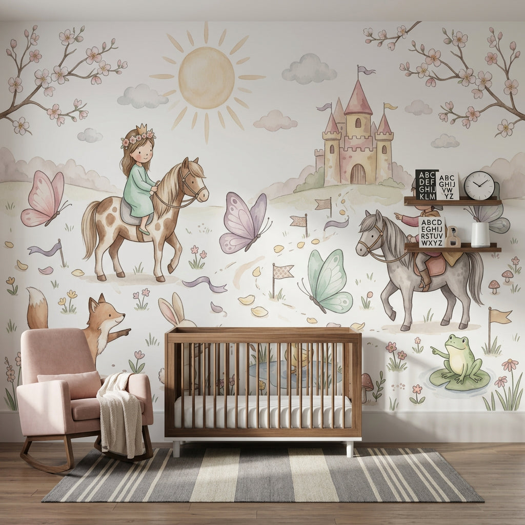Masal Şatosu ve Atlı Çocuklar Poster Duvar Kağıdı Pastel