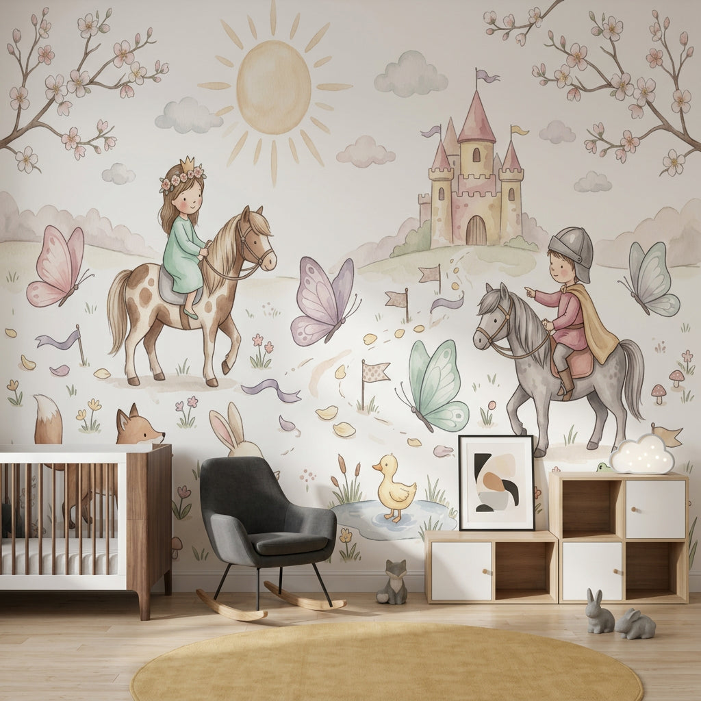 Masal Şatosu ve Atlı Çocuklar Poster Duvar Kağıdı Pastel