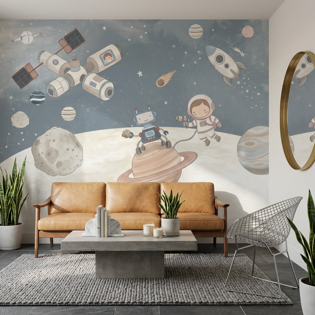 Uzay Temalı Poster Duvar Kağıdı Astronotlu Çocuk Odası Lacivert