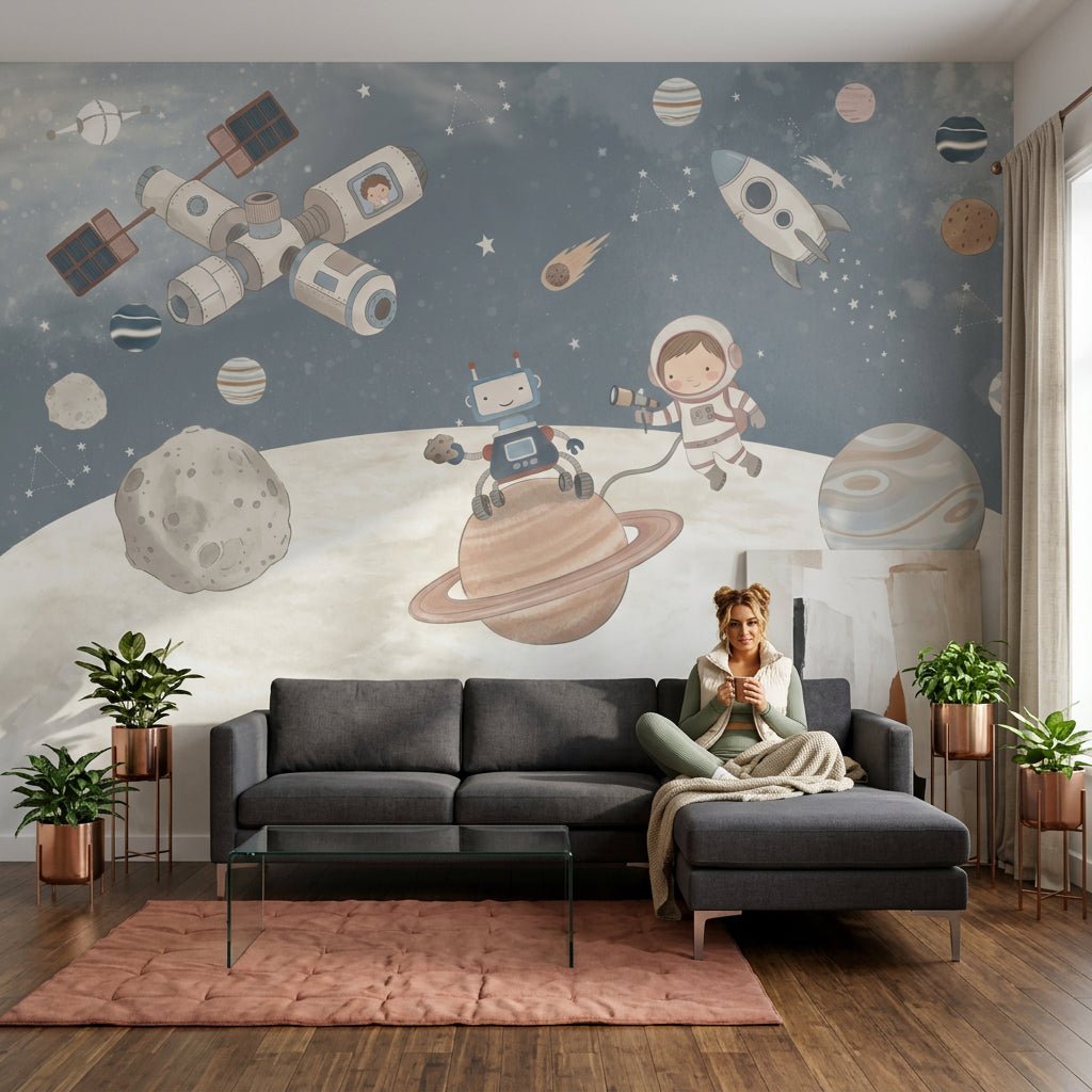 Uzay Temalı Poster Duvar Kağıdı Astronotlu Çocuk Odası Lacivert