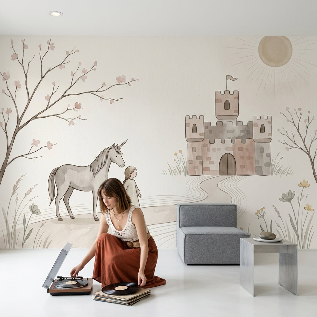 Unicorn Şatolu Poster Duvar Kağıdı Pastel Çocuk Odası