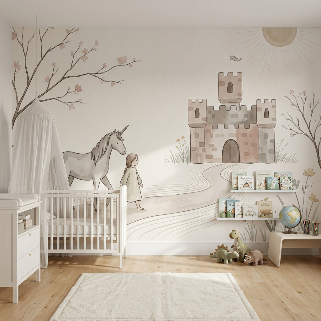 Unicorn Şatolu Poster Duvar Kağıdı Pastel Çocuk Odası
