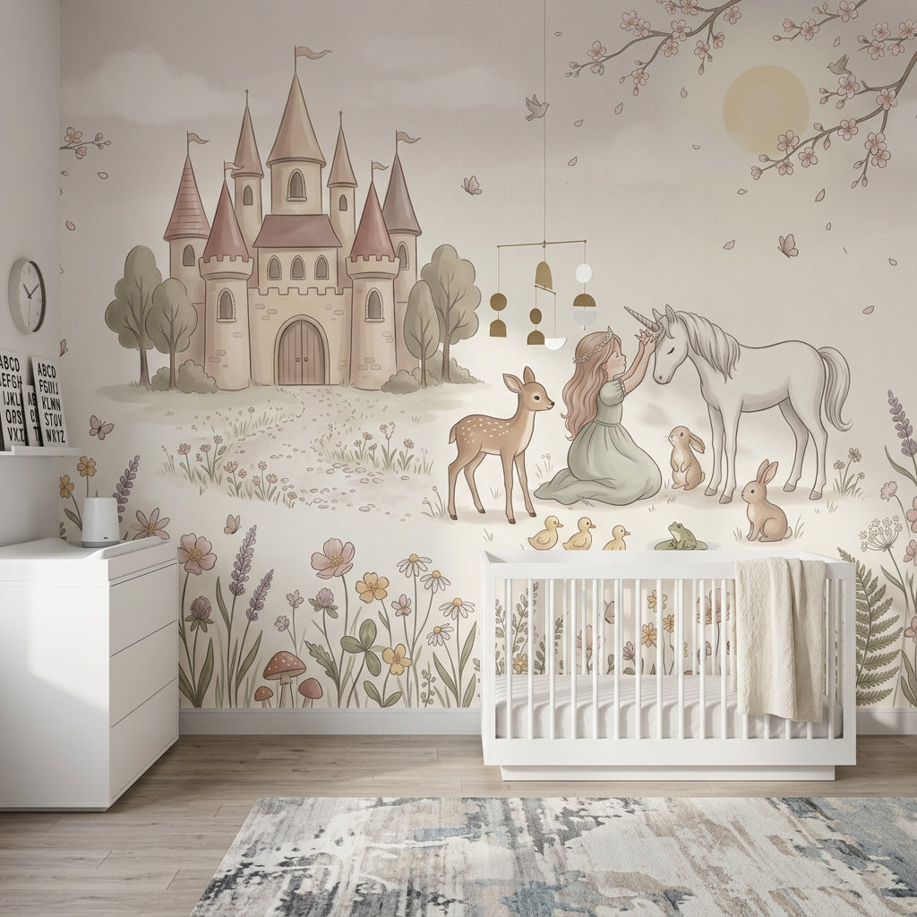 Unicorn Şato Temalı Poster Duvar Kağıdı Pastel Çocuk Odası