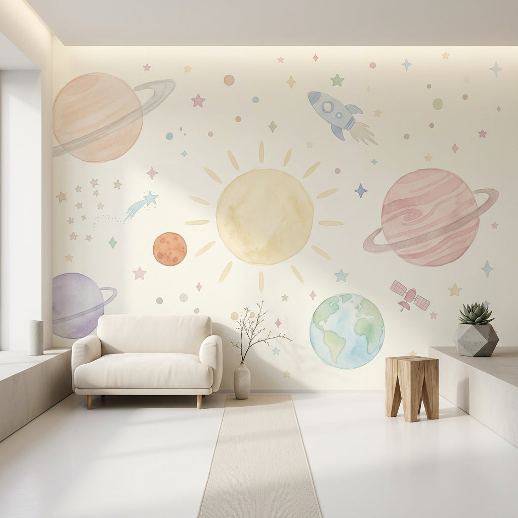 Pastel Uzay Temalı Poster Duvar Kağıdı Çocuk Odası Gezegenli