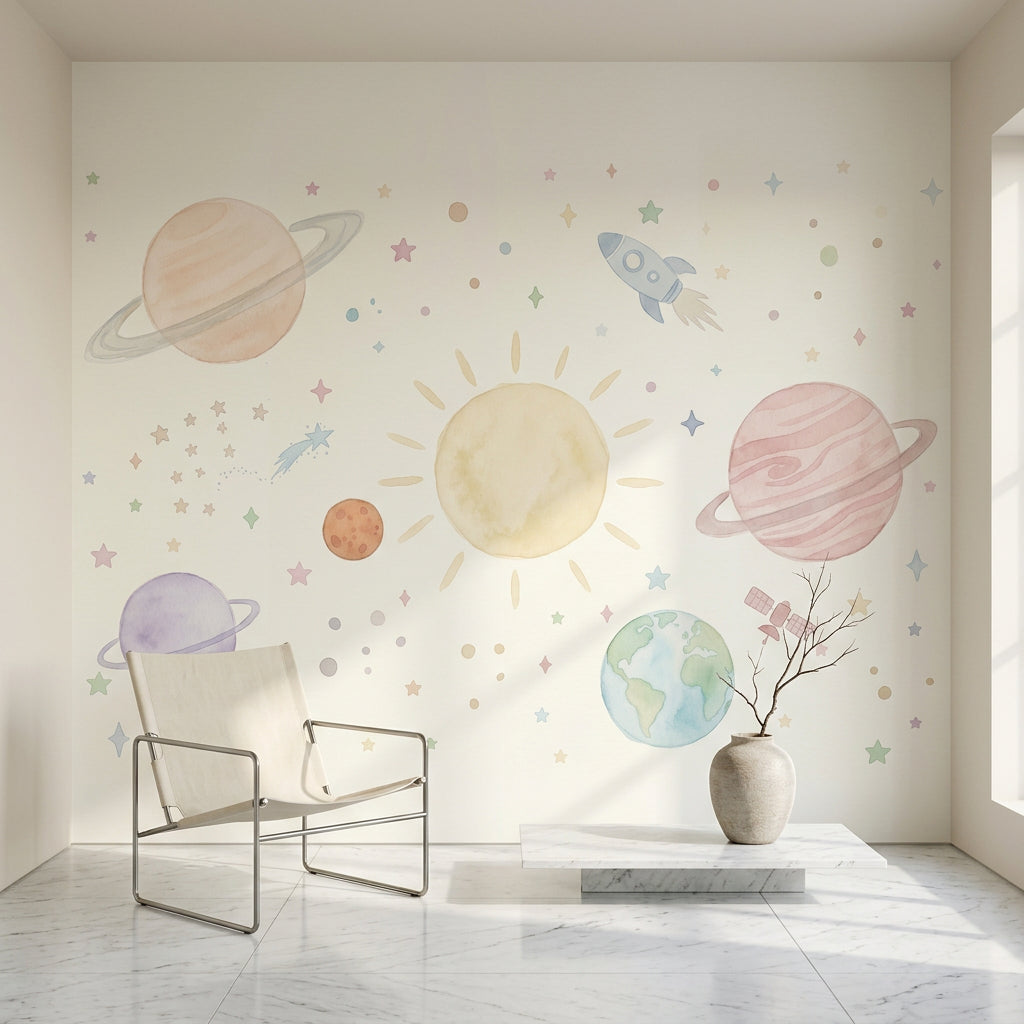 Pastel Uzay Temalı Poster Duvar Kağıdı Çocuk Odası Gezegenli