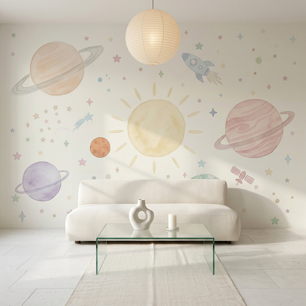 Pastel Uzay Temalı Poster Duvar Kağıdı Çocuk Odası Gezegenli