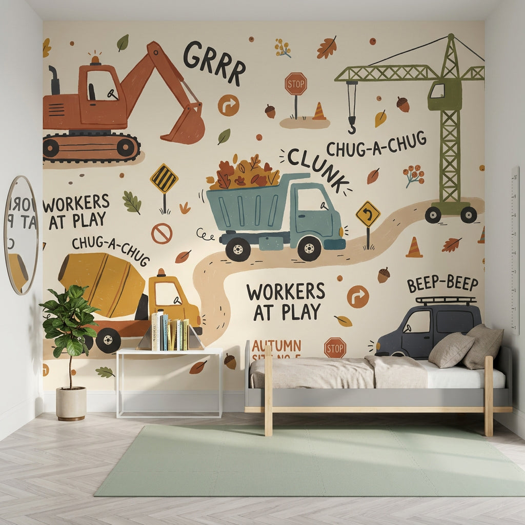 İnşaat Araçlı Poster Duvar Kağıdı Çocuk Odası Çizimli Desen
