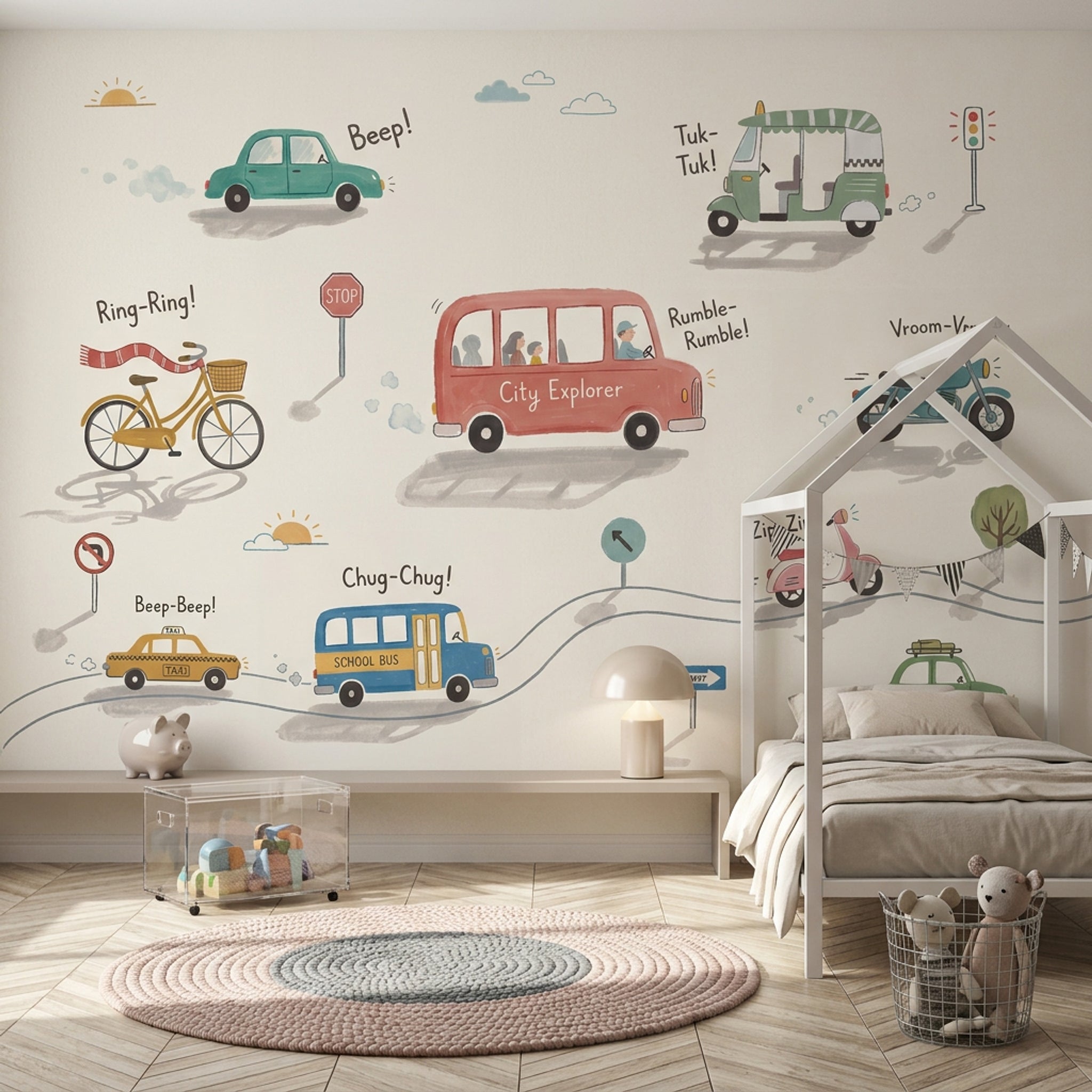 Araçlı Şehir Temalı Poster Duvar Kağıdı Çocuk Odası Krem