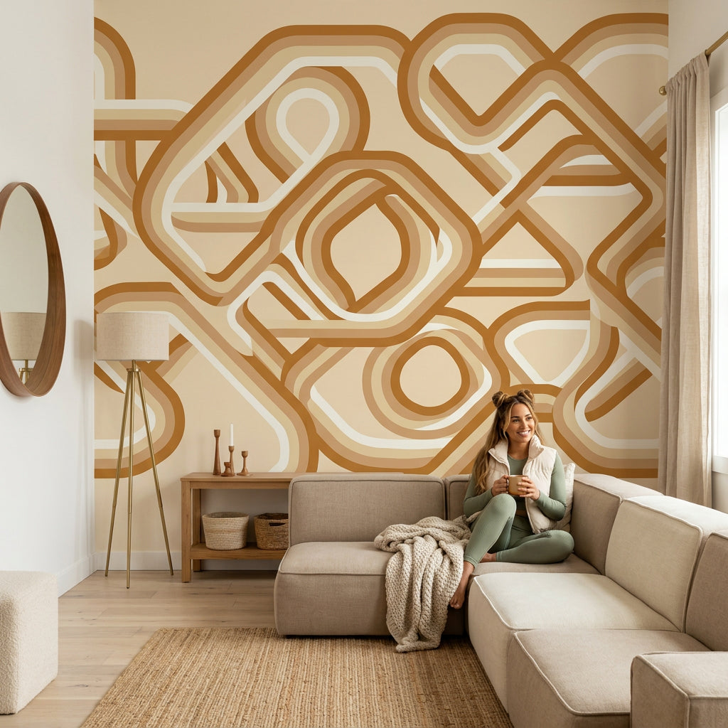 Geometrik Retro Poster Duvar Kağıdı Bej Kahverengi Salon