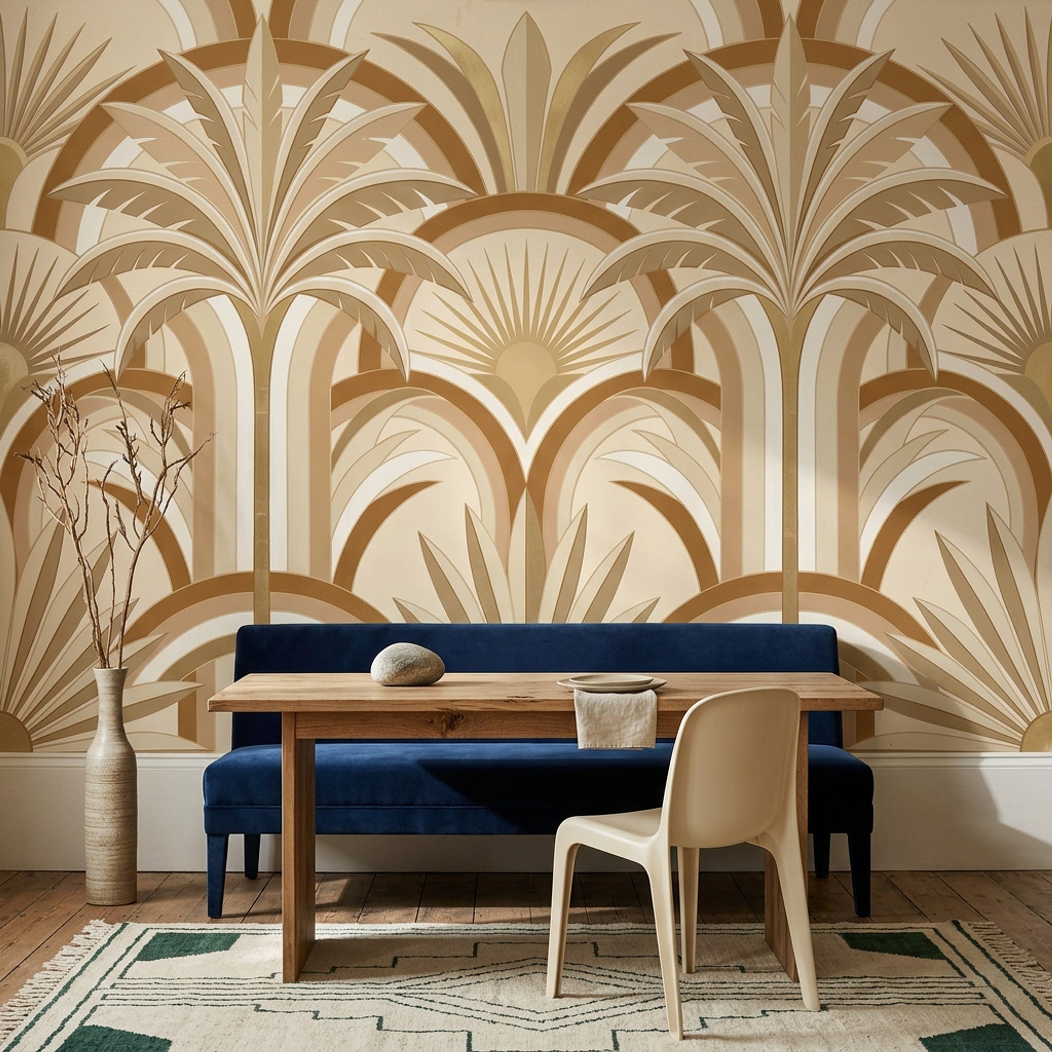 Art Deco Palmiye Yapraklı Poster Duvar Kağıdı Bej Kahve Salon