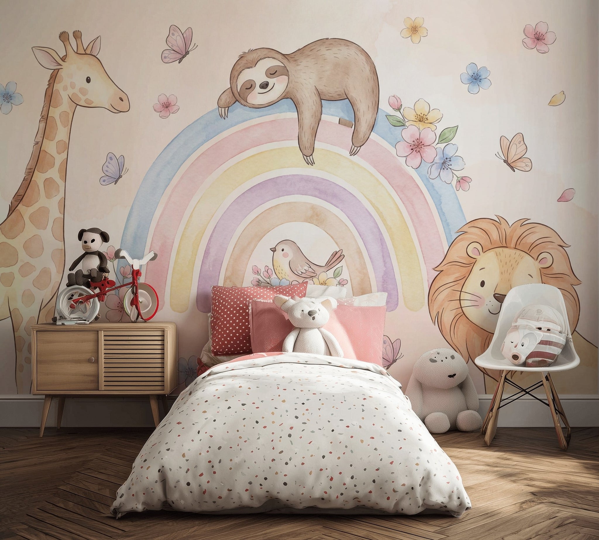 Pastel Gökkuşağı Hayvanlı Poster Duvar Kağıdı Bebek Odası