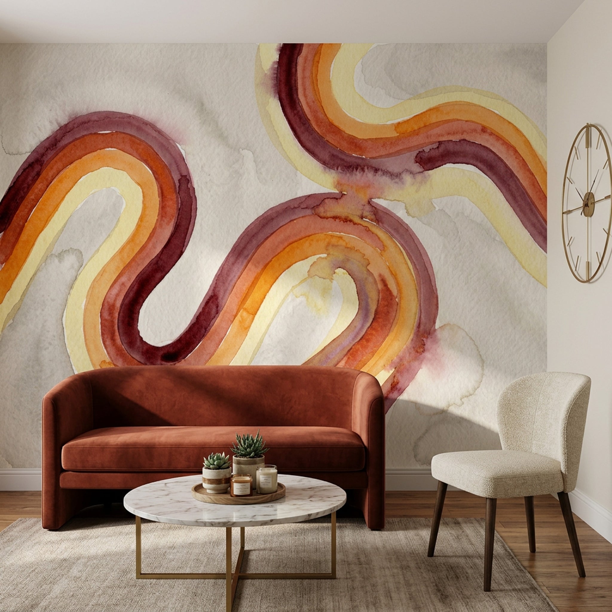 Suluboya Dalgalı Soyut Poster Duvar Kağıdı Turuncu Mor Salon