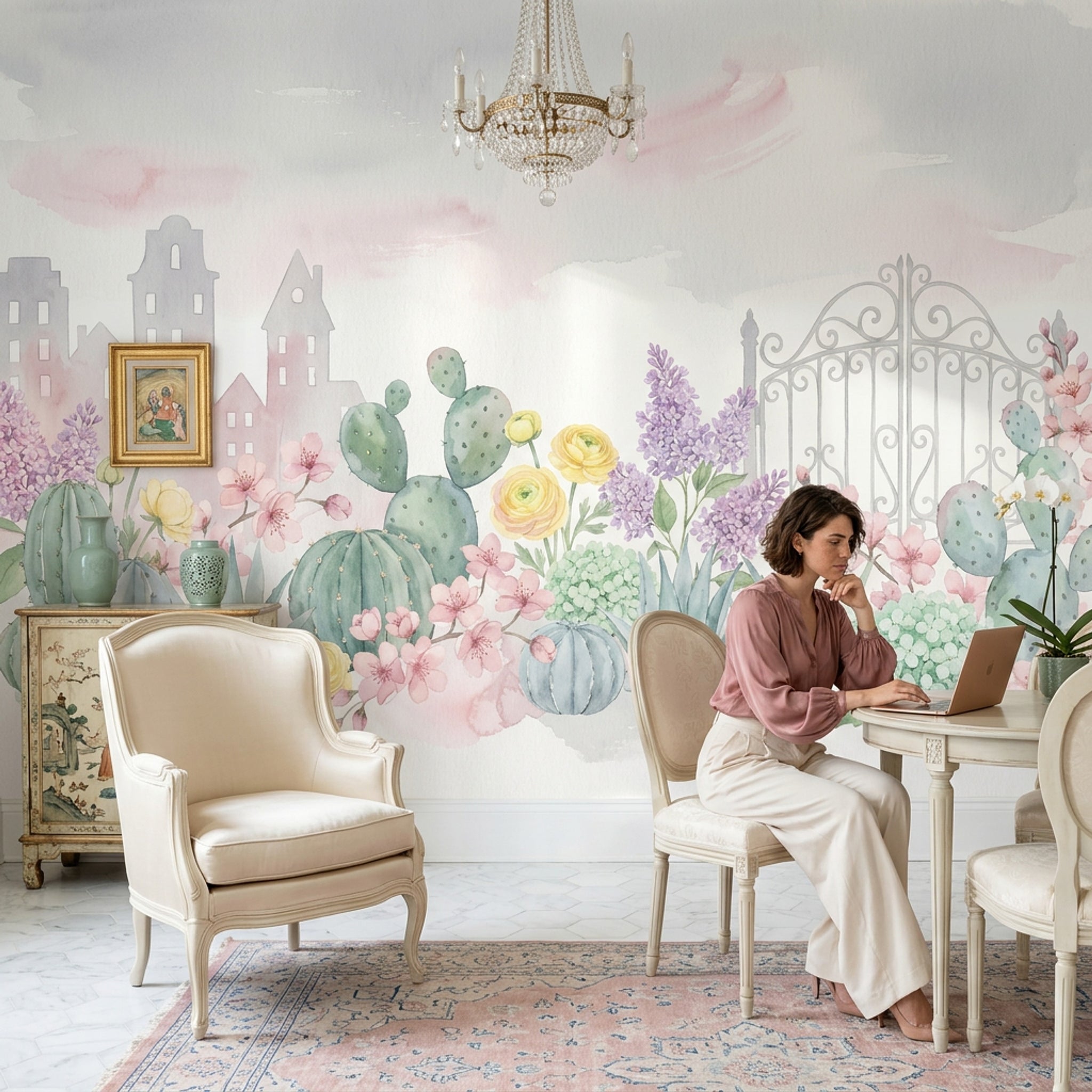 Kaktüs ve Çiçekli Poster Duvar Kağıdı Pastel Çocuk Odası