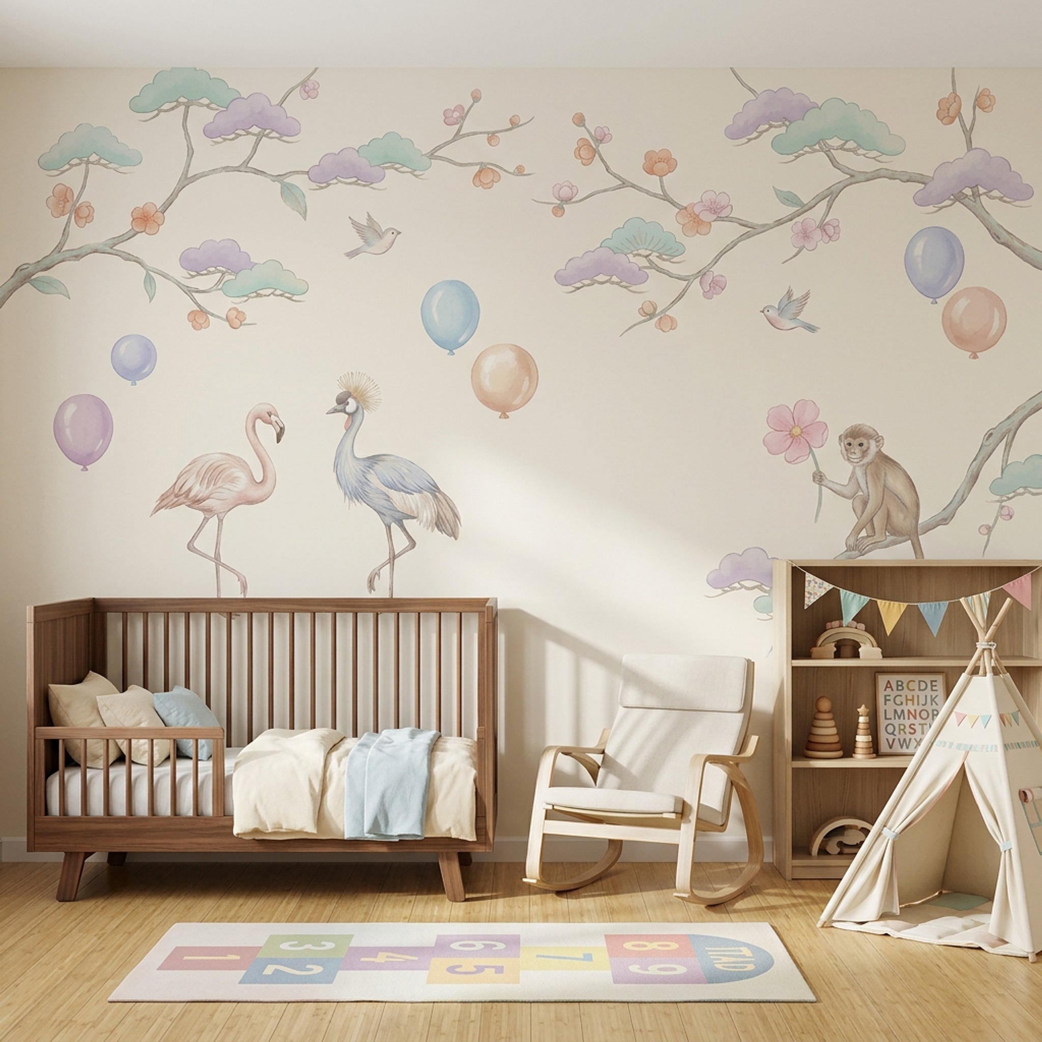 Pastel Orman Hayvanlı Poster Duvar Kağıdı Çocuk Odası Desenli