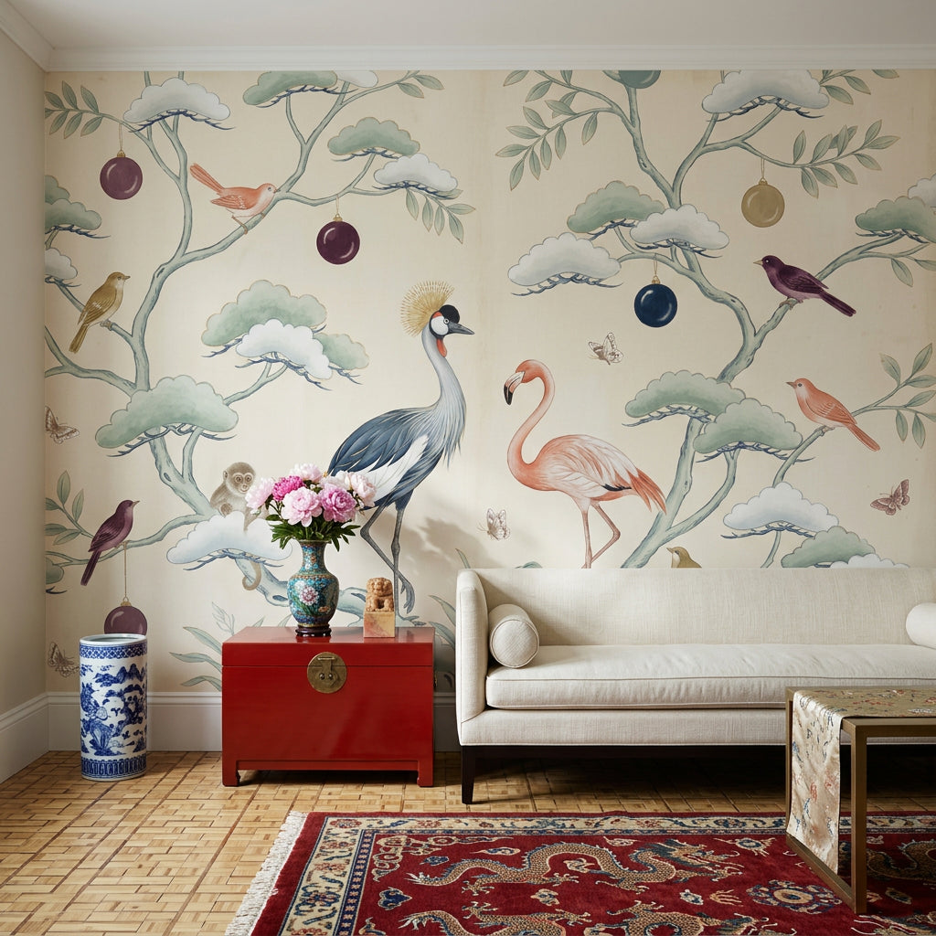 Kuş ve Flamingo Desenli Poster Duvar Kağıdı Bej Salon