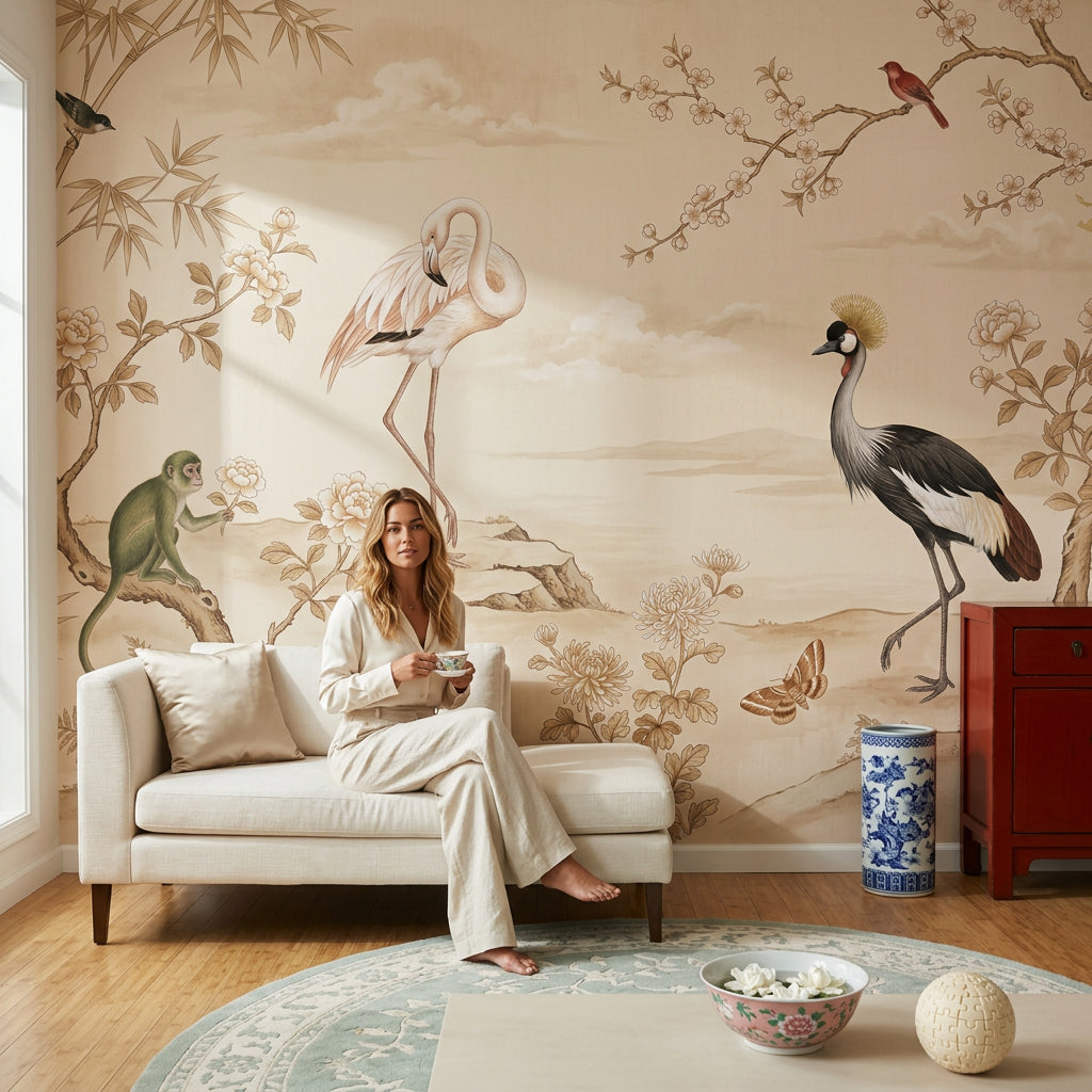 Turna Kuşlu Uzak Doğu Poster Duvar Kağıdı Bej Salon